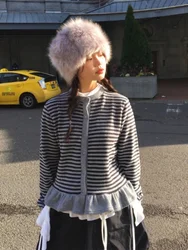 SEI Autumn Winter Street Style Vintage Striped V-Neck Loose Casual Versatile Knitted Sweater Scarf Set Women's Fashion