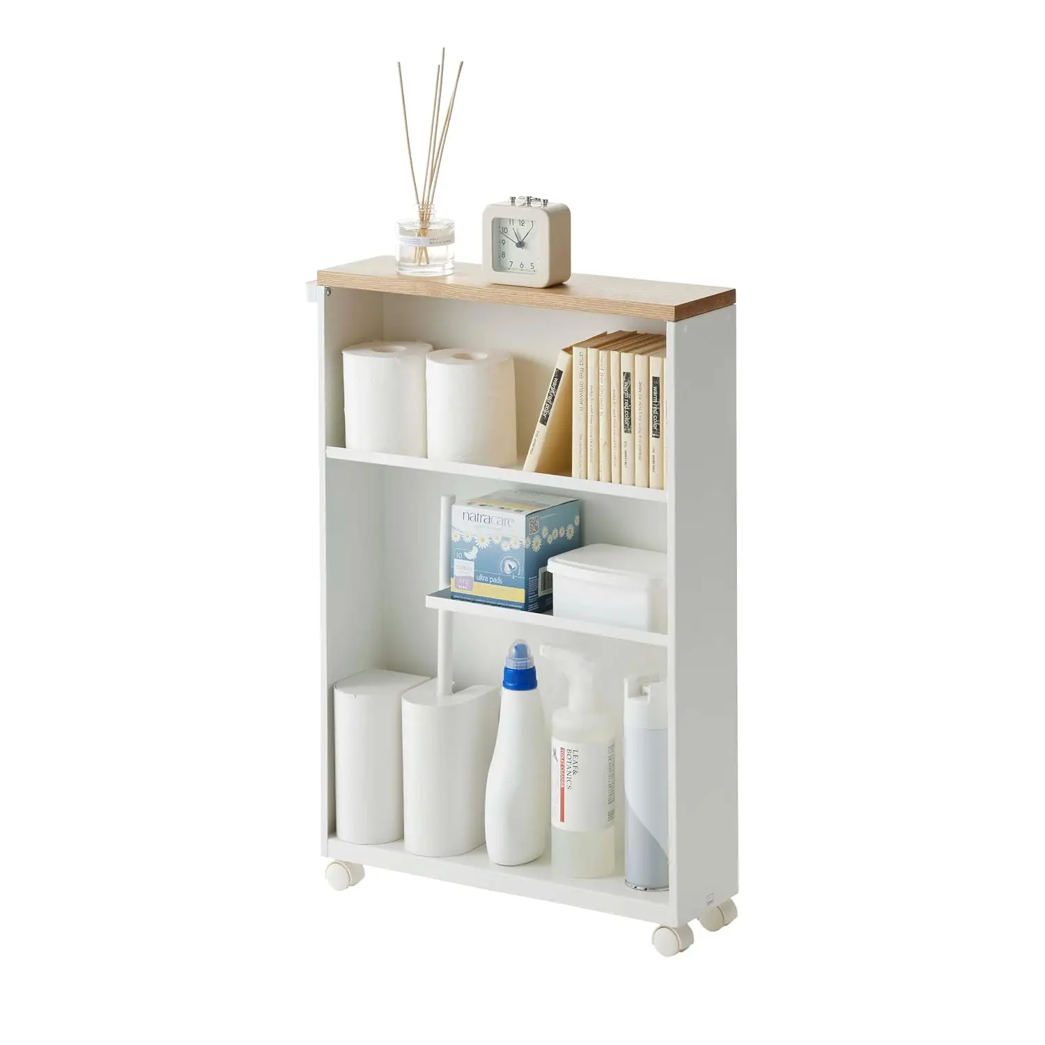 Slim Rolling Storage Cart Narrow Bathroom Cabinet Handle Wheels Easy Assembly Steel Wood White 27