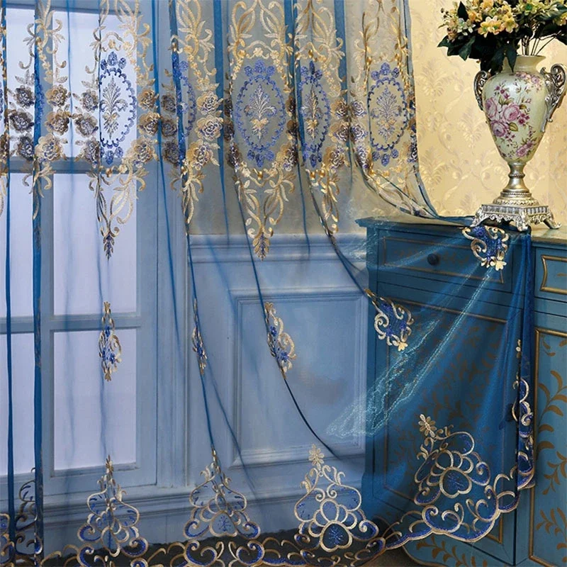 Luksusowe haftowane zasłony do sypialni Royal Blue Gold Jacquard Floral Tulle for Farmhouse Gazebo Window Drapes