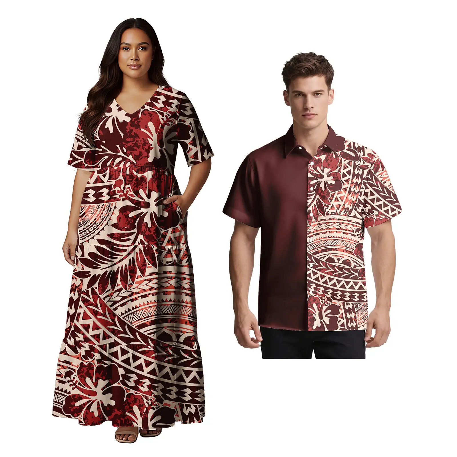 

Самоанская одежда в этническом стиле на заказ, полинезийское женское платье с короткими рукавами, мужская футболка Aloha, гавайский этнический дизайн, комплект из 2 предметов для пары