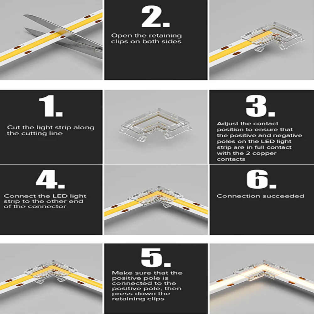 COB LED Connectors 90 Degree L Shape Corner 5/8/10mm Solderless For CCT FCOB RGB Strip Lights 2/3/4 Pin Connector Strip to Strip