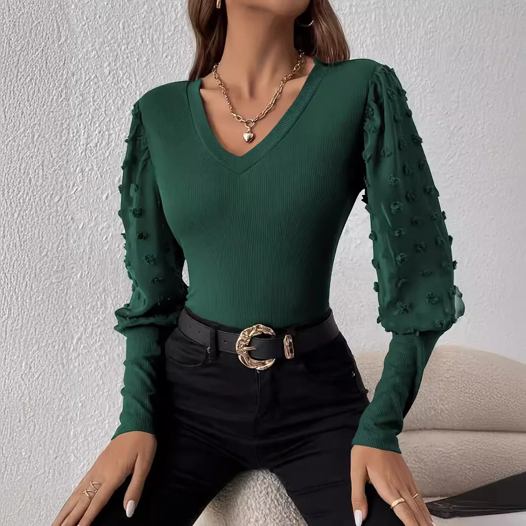 New Elegant Ribbed V-Leader Chiffon Splicing Long Sleeve Solid Color T-shirt for Women's Slimming Top