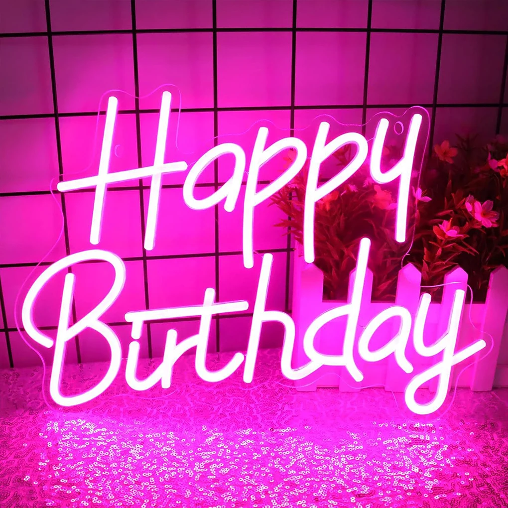 Pink USB Powered Happy Birthday LED Sign Versatile Neon Light For Special Days Genethliac Party Luminous Signs Reusable