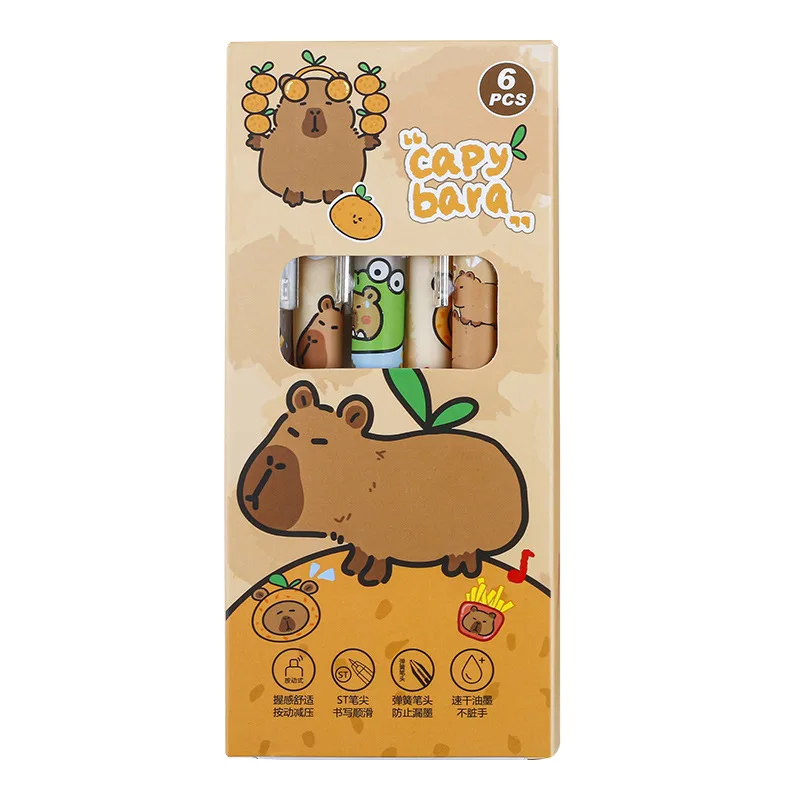 Zestaw 6 długopisów żelowych INS Style Kawaii Capybara, długopis żelowy 0.5mm, czarny długopis żelowy z kreskówką, szybkoschnący długopis do podpisu dla uczniów.