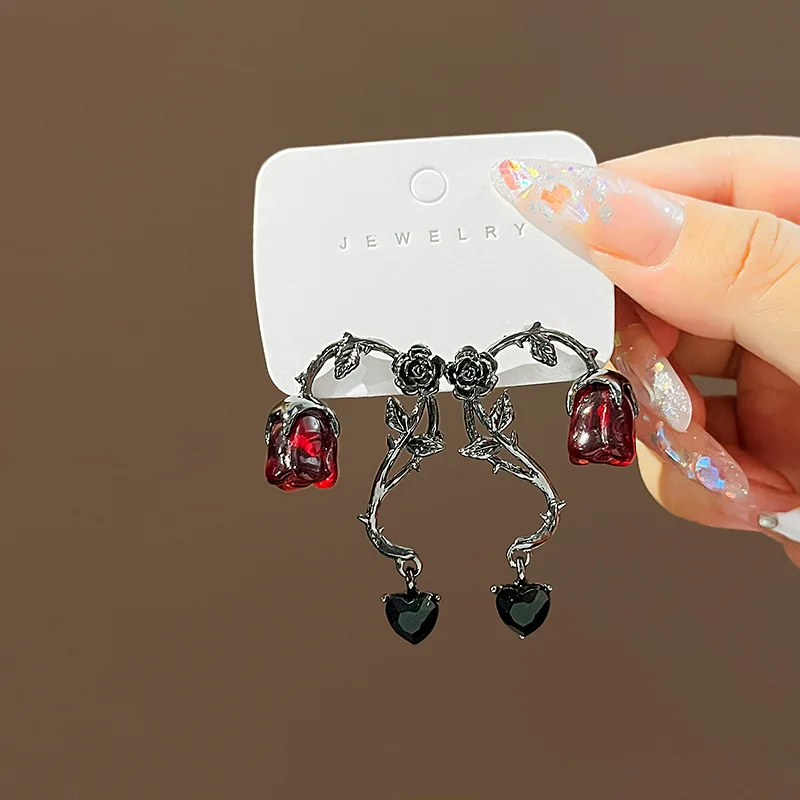 Witch Dark Thorn Vine Red Rose Blossom Earrings for Women Fashion Party Jewelry Accessories Black Rose Dangle Earrings