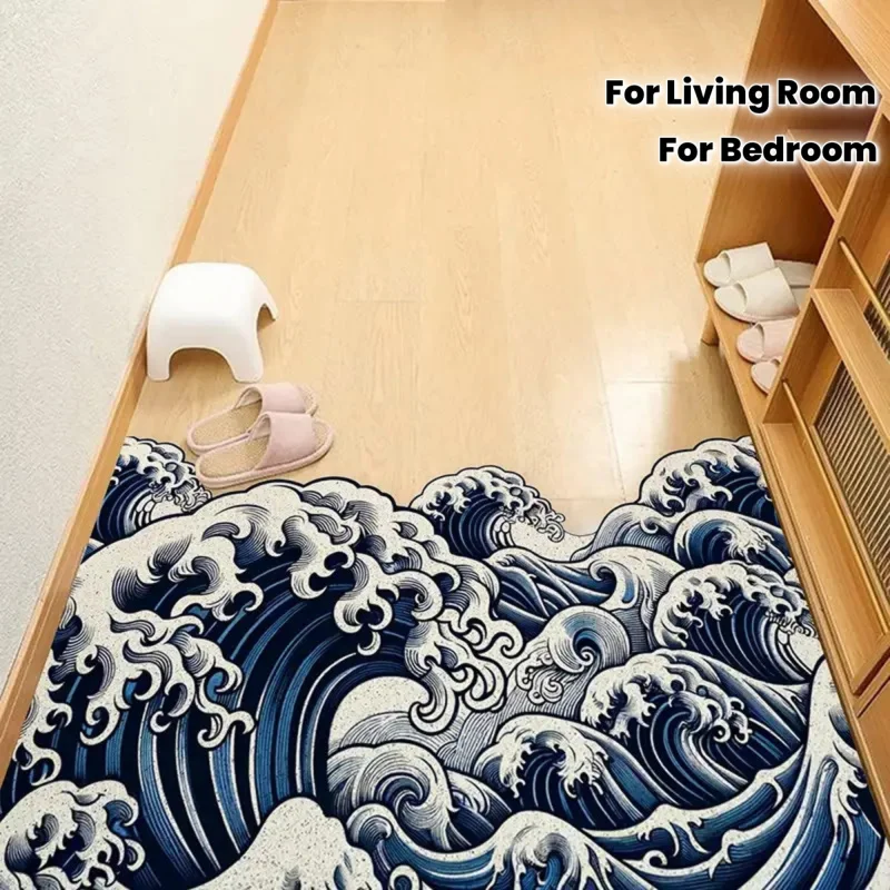 VIKAMA Japanese Great Wave Area Rug Non Slip Washable Floor Mat Ukiyo-e Theme Carpet Living Room Bedroom Entryway Home Decor Rug