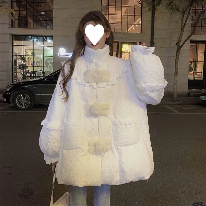 Parka chaude épaisse blanche pour femme, ample, manches longues, col montant, boutons cachés, manteau d'hiver, vestes en coton à volants