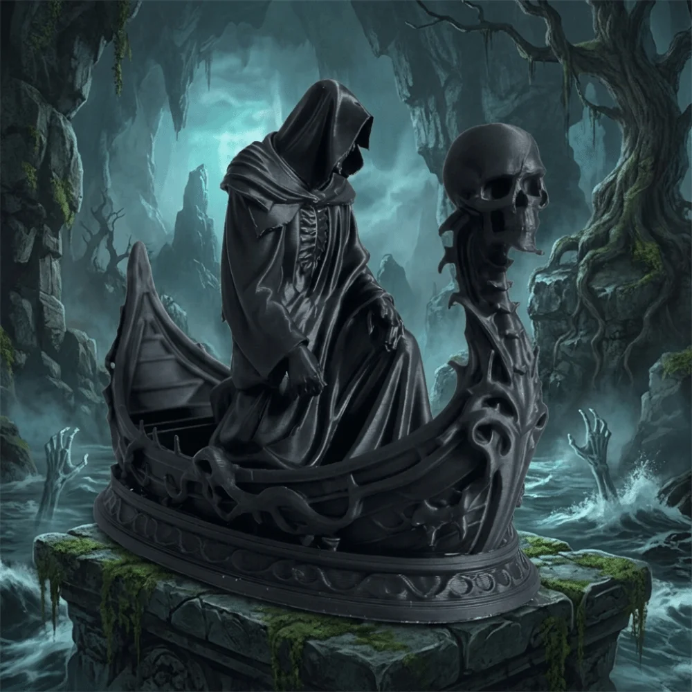 Gothic Style Grim Reaper Statue Lightweight Dark Mythology Skeleton Figurine Mysterious Design Resin Ferryman Sculpture