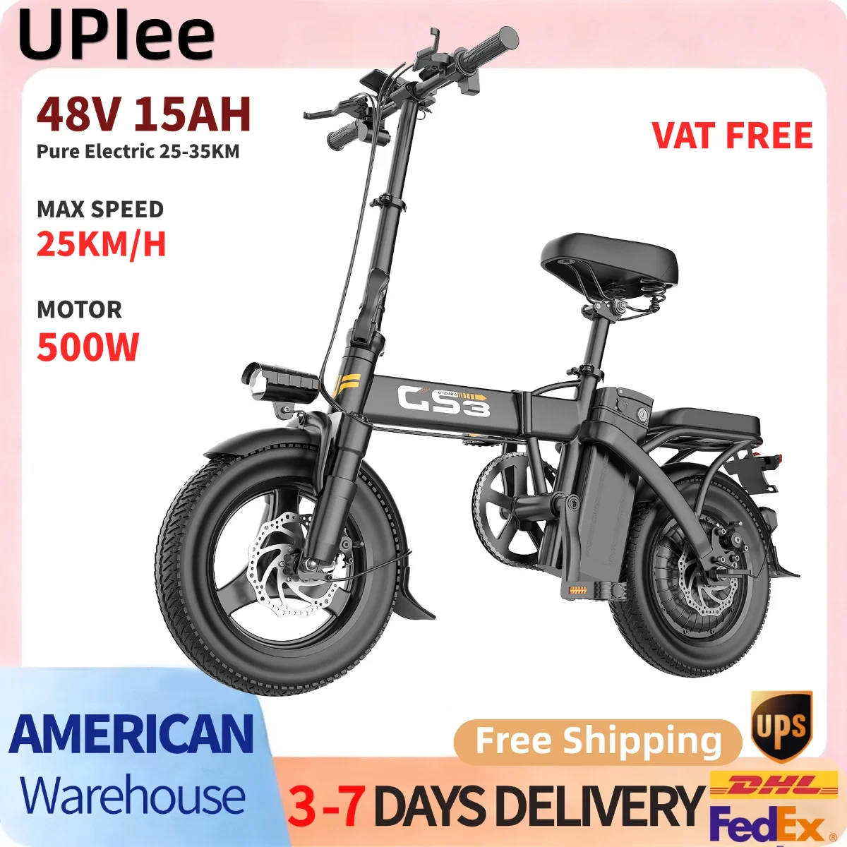 

UPlee GS3 500W 48V 15AH detachable lithium Battery ebike 25 MPH electric bike adults 14"folding Electric bike 35 Miles Max Range