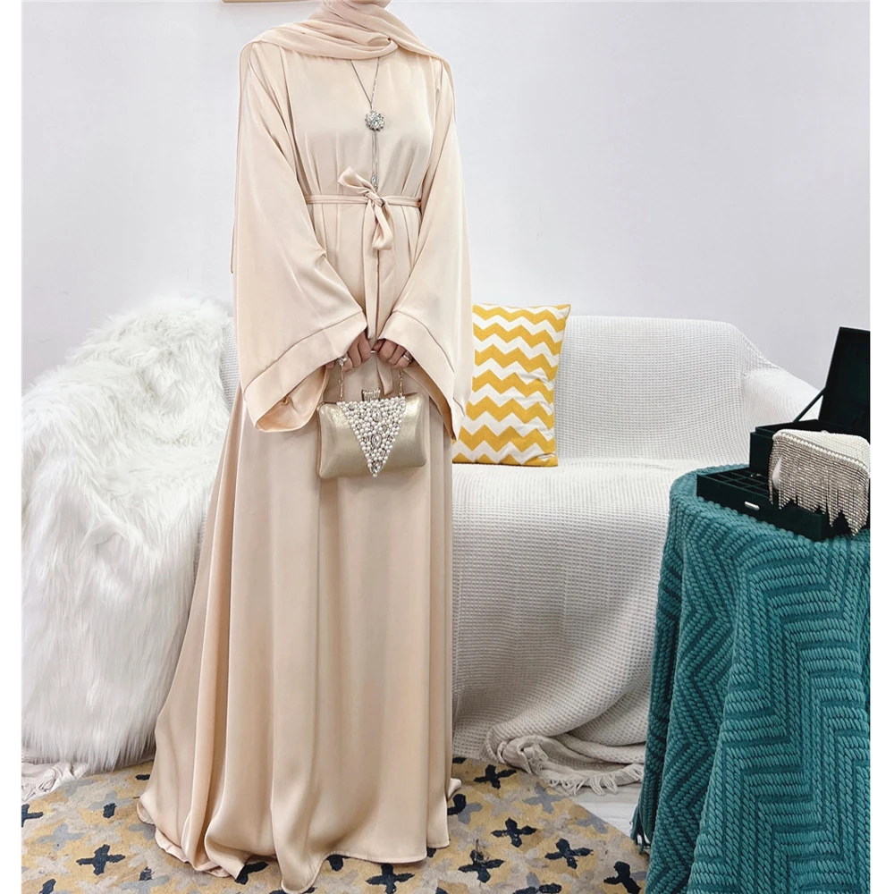 Elegant Shiny Satin Abaya Modest for Women Muslim Eid Dress Ramadan Kaftan Arabic Long Robe Dubai Femme Islamic Jalabiya Vestido