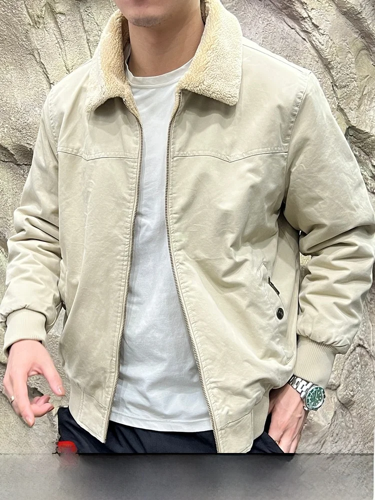 

Double-Wear MA Flight Collar Lamb Fur Lined Cotton Jaet for Men Warm Casual Sle Zipper Closure Long Sve Stand Fit