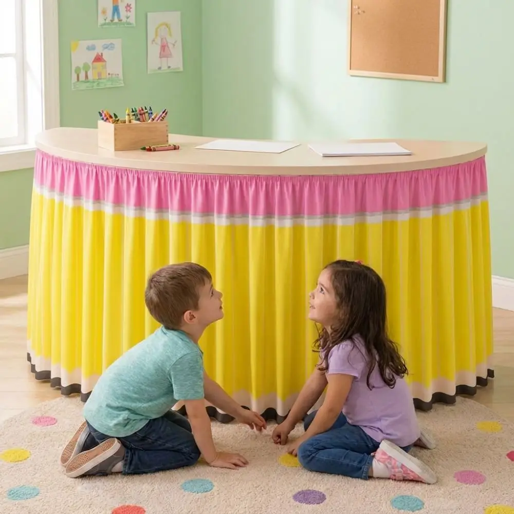 Cartoon Pencil Ruffled Table Skirt Elastic Edge Wrinkle Resistant Crescent Table Skirting School Stationery Theme Polyester