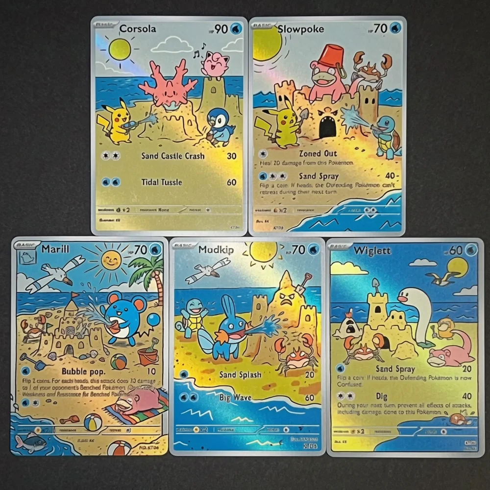 5PCS PKM TCG Trading Cards Seaside Corsola Slowpoke Marill Wiglett Summer Beach Collectible Cards Gift Toy