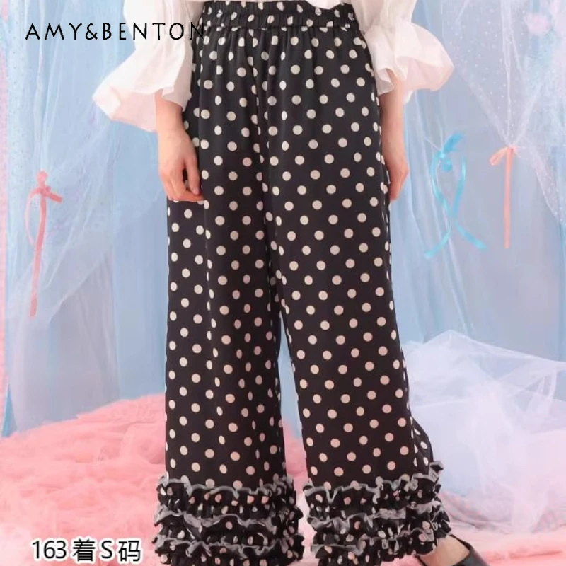 

Japanese Original Design Black Polka Dot Lace Women's Cake Pants 2026 New Sweet Cool Loose Versatile Striped Trousers Ladies