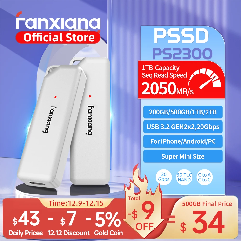 Fanxiang PS2300 Super Mini Draagbare Solid State Drive 20Gbps 2050 MB/s PSSD 1TB 2TB Externe Draagbare SSD voor Laptop Data Backup