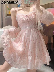 Sweet Gentle Mesh Chiffon Sling Dress Women 2024 Summer New Lolita Kawaii Girls Floral Skirt Princess Dresses A- Line Midi Dress