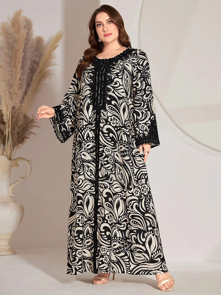 TOLEEN-Women\'s Water-Soluble Trumpet Sleeve Long Dresses, Patchwork Lace, Floral Print, Arabic Clothing, Plus Size, Summer, 2024