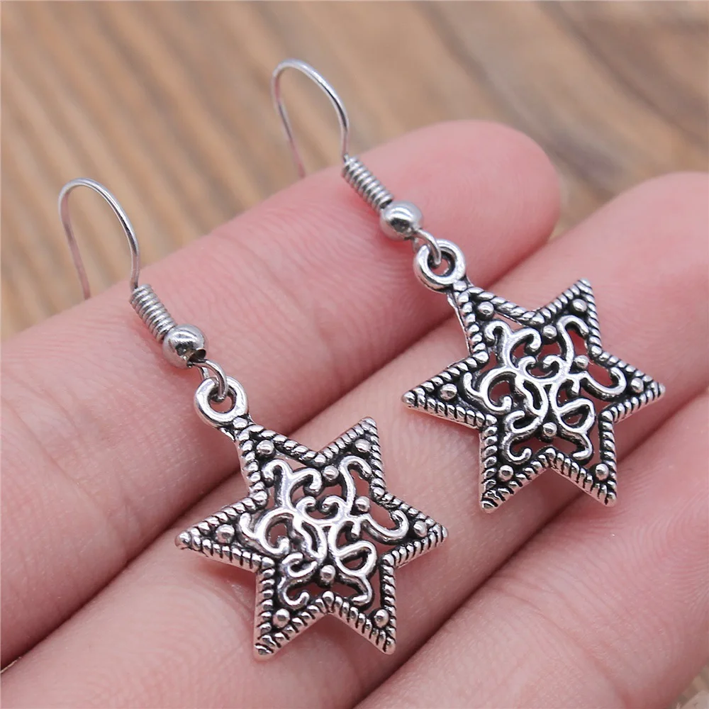 Fashion Handmade Simple Design Antique Silver Color Carved Six-Pointed Star Pendant Earrings Dropshipping Drop Earrings