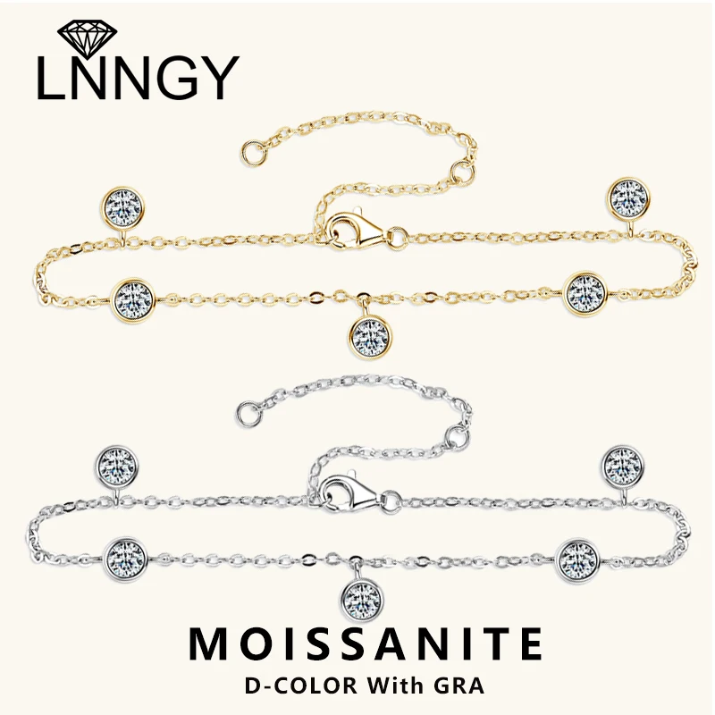 

Lnngy pulseira prata 925 Sterling Silver Bracelets Certified GRA 0.3CT Bezel Moissanite Bracelet for Women Adjustable Jewelry