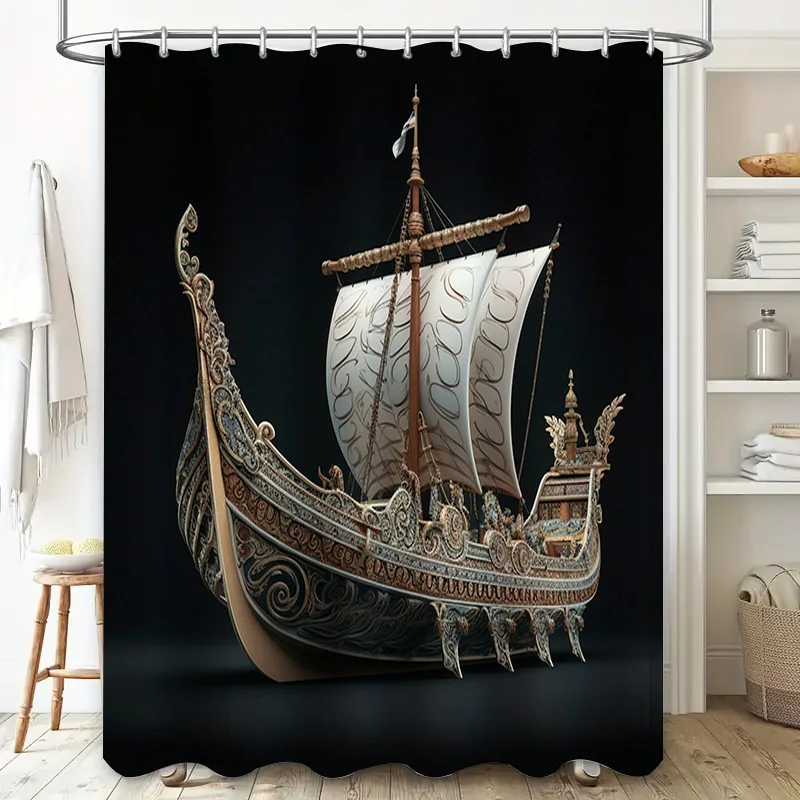Viking Boat Shower Curtain Decorative Nautical Theme for Bathroom Black Background with White Sail Size 69x70 Inches Ships World