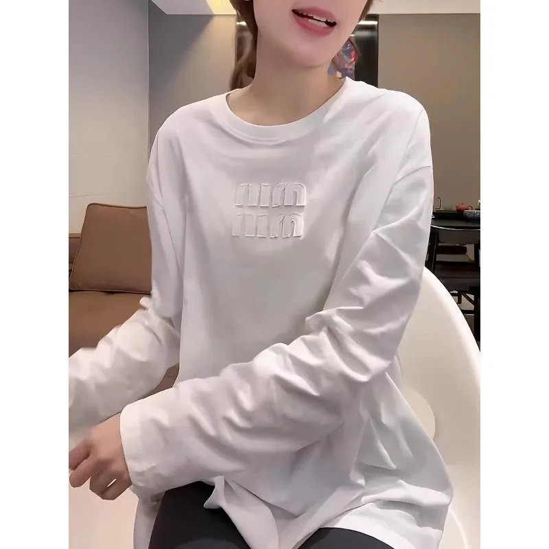 

Letters Solid Color Top 2024 Spring Autumn Clothing in The Long Fashion Loose T-shirt Women Long Sleeve Base Shirt Top Tide Ins