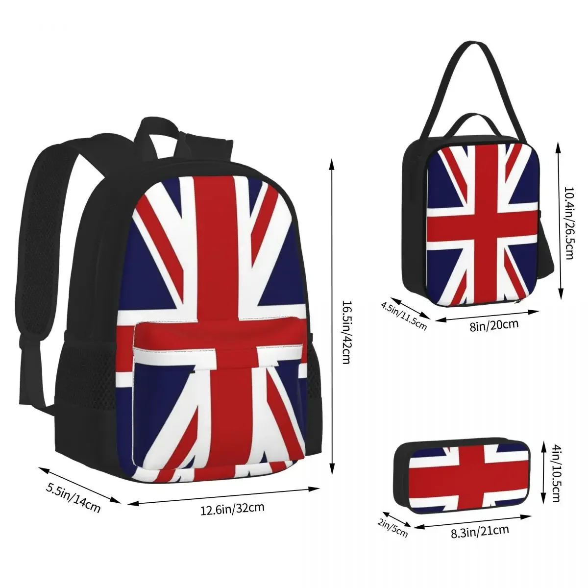 

Union Jack Backpacks Boys Girls Bookbag Students School Bags Cartoon Kids Rucksack Lunch Bag Pen Bag Three-Piece Set