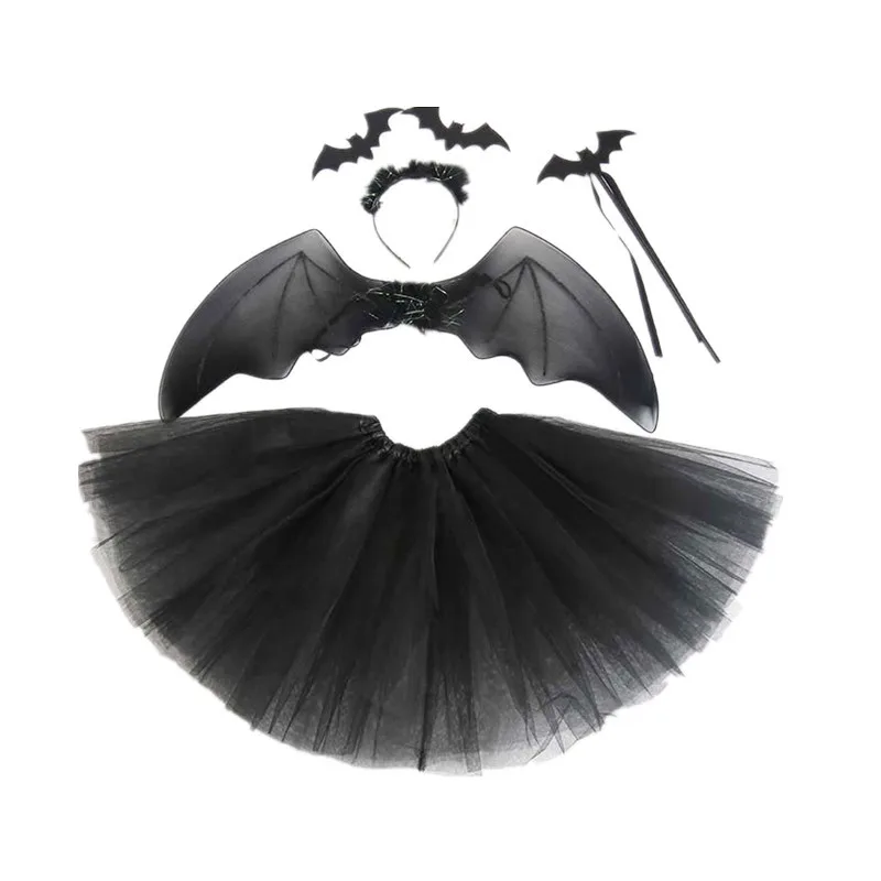 

Kids Girls Black Bat Outfit Set With Wings Ears Headband Headwear Wands Skirt Tutu For Children Girls Cosplay Halloween Costume