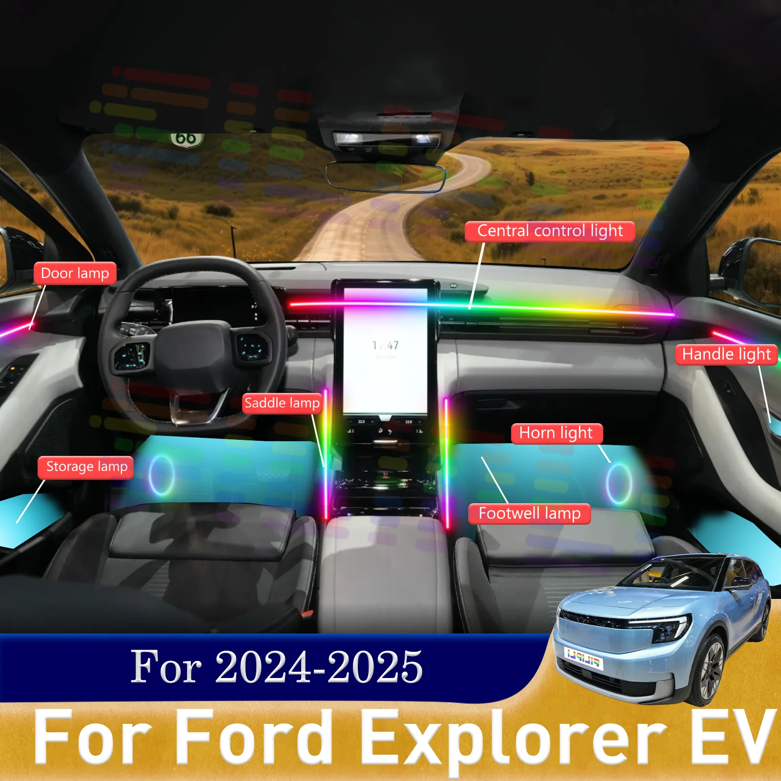 

Для Ford Explorer EV умный пульт дистанционного управления салона автомобиля окружающее освещение RGB 64 цвета светодиодный быстрозажимной монтажный набор для 2024-2025