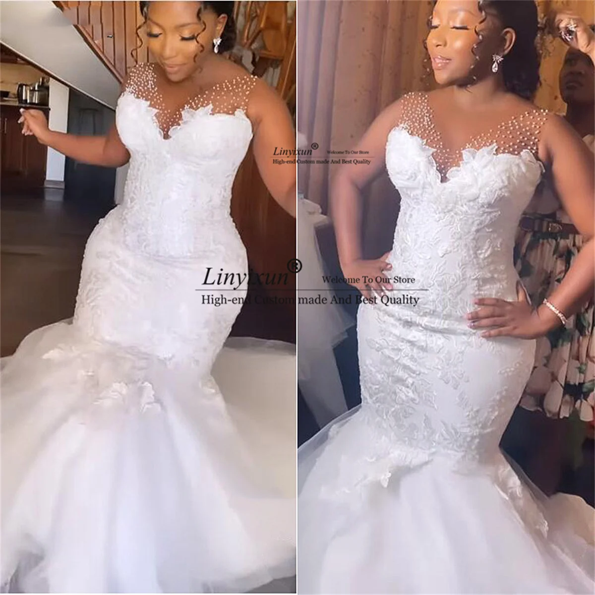 African Mermaid Wedding Dress For Women 2022 Lace V Neck Transparent Pearl Stunning Bridal Gown Court Train vestidos de novia