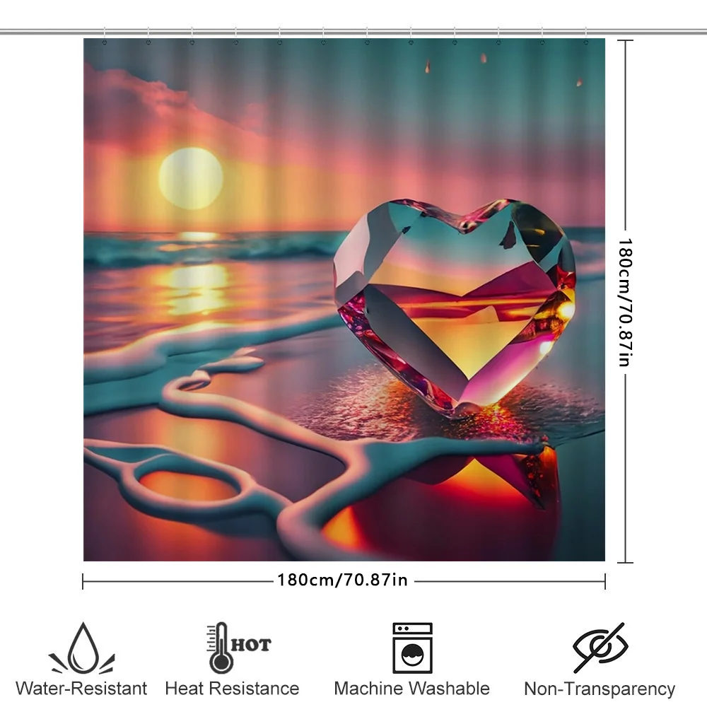 

Занавеска для душа с 3D хрустальным сердцем и закатом | Романтический декор для пляжной ванной комнаты