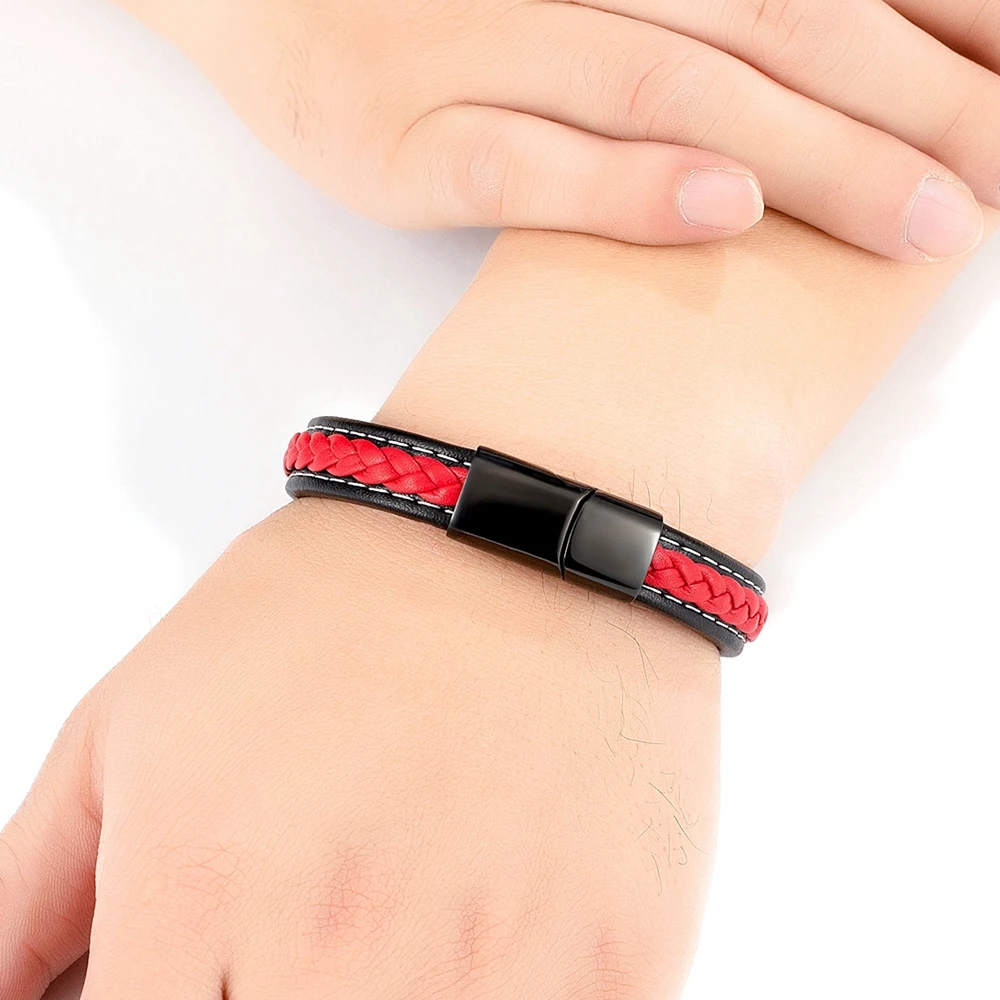 XQNI Black & Red Braided Rope Leather Bracelet Men Stainless Steel Charm Jewelry Bangle for Friend Couple Birthday New Year Gift