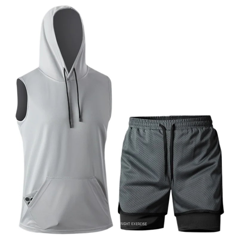 Summer 2-Piece Workout Set Hooded Sleeveless Tank & Shorts Gym Running Fitness Breathable Quick-Dry Sports Sets
