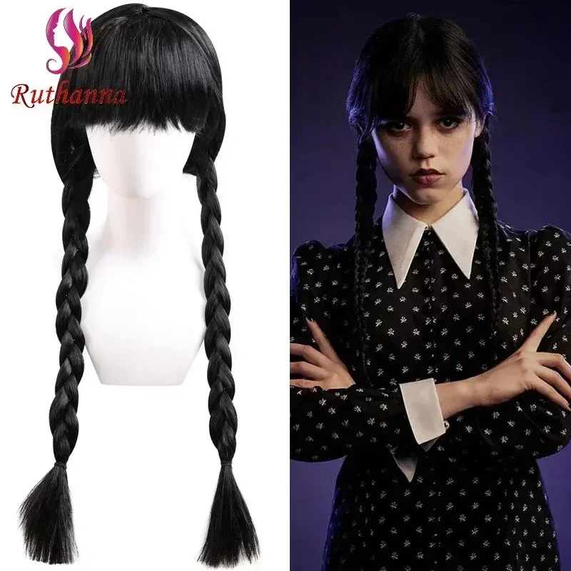 AAA 2025 Среда Аддамс Хэллоуин Морской Черный Двойные Косы Синтетический Парик Головной Убор Косплей Аддамс Семья Термостойкий