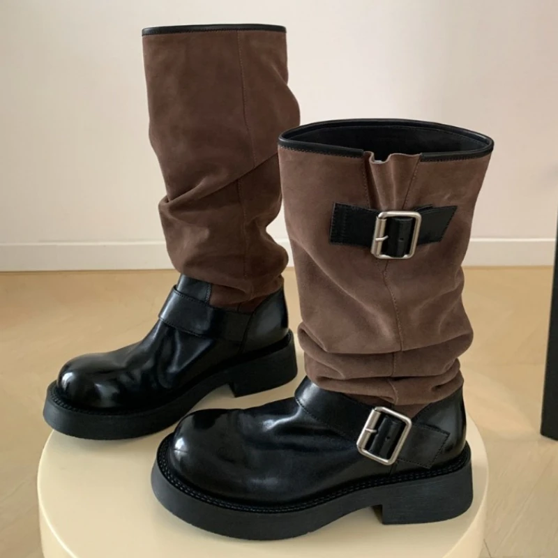 

Luxury Splicing Mid Calf Boots Women Fashion Belt Buckle Design Faux Suede Boots Lightweight Non-slip Round Toe Designer Shoes