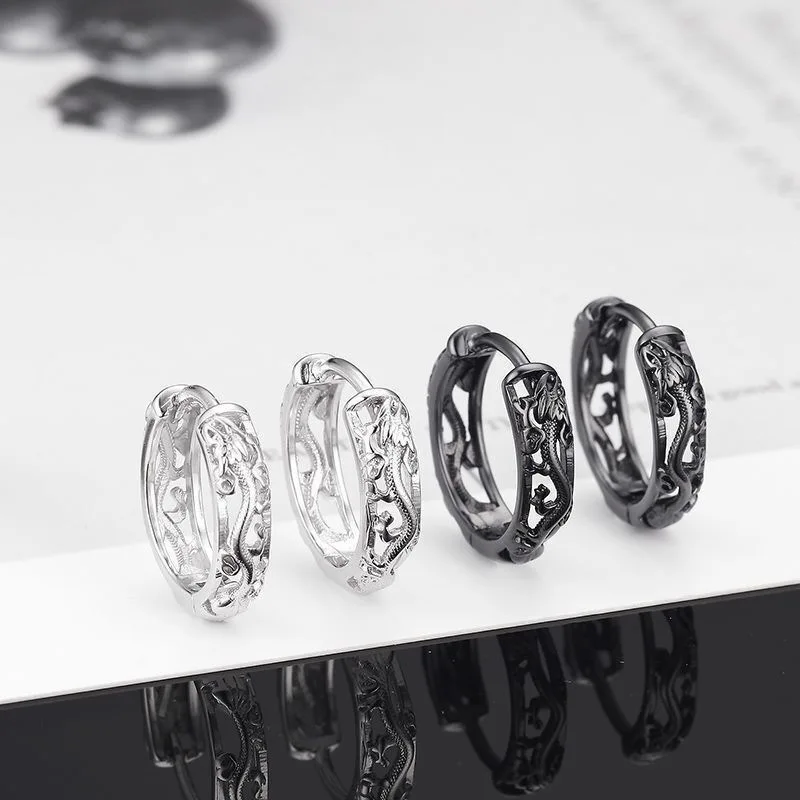 KOFSAC New Vintage Punk Creative Hollow Black Gold Dragon Hoops Jewelry 925 Sterling Silver Earrings For Men Party Accessories