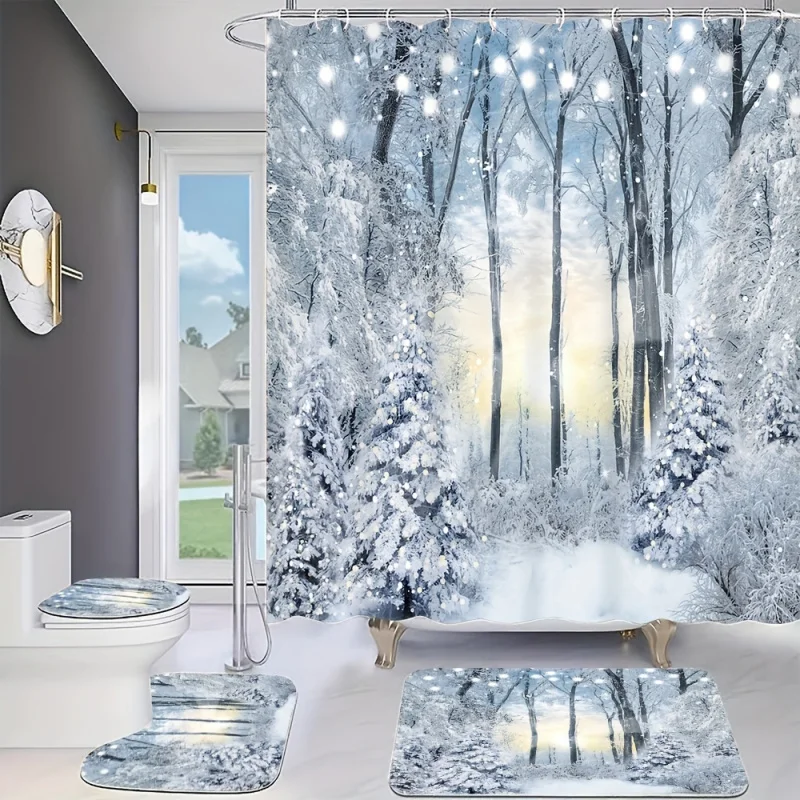 4pcs Beautiful Snow Scene Print Creative Shower Curtain Set, Decorative Bathroom Set Including Waterproof Shower Curtain, Non-