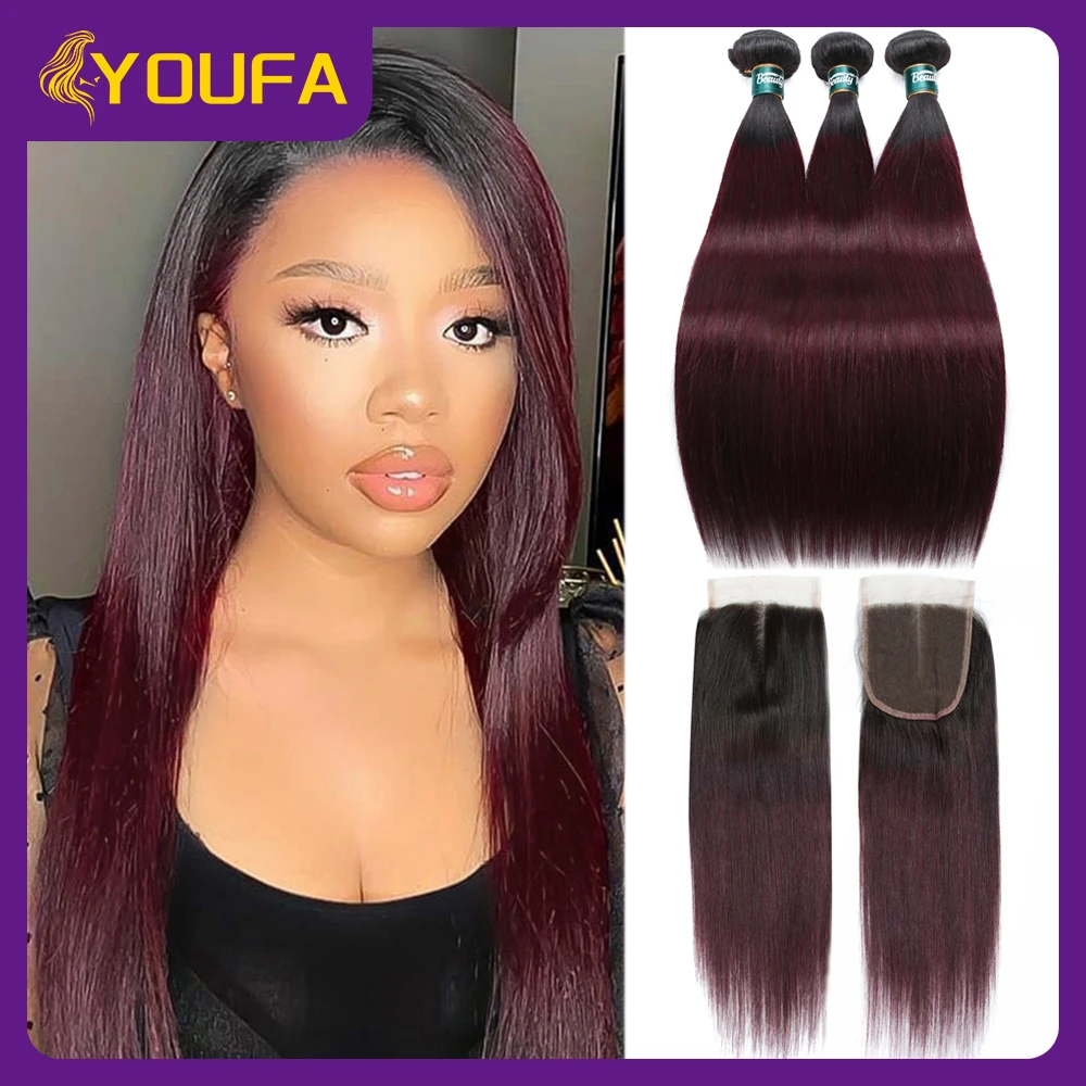 Ombre 99J Burgundy Straight Human Hair Bundles With Closure 100% Human Hair Weave 3 Bundles With 4x4 Transparent Lace Closures