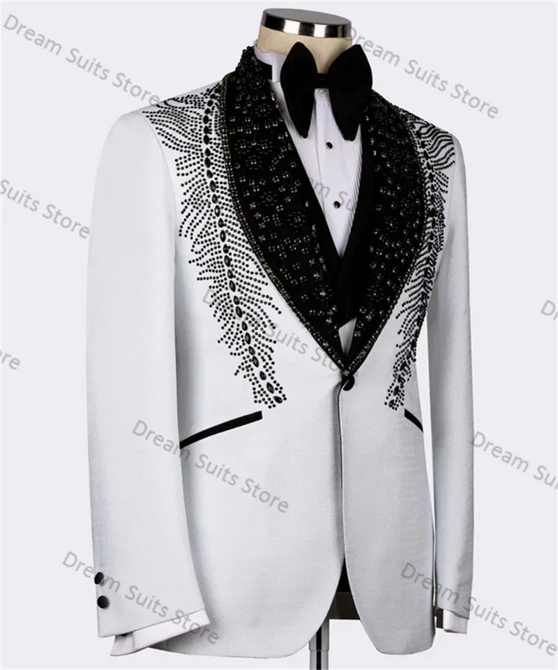 White Crystals Men Suits Set 2 Pieces Blazer+Black Cotton Black Pants Custom Made Jacket Wedding Tuxedo Office Custom Made Coat