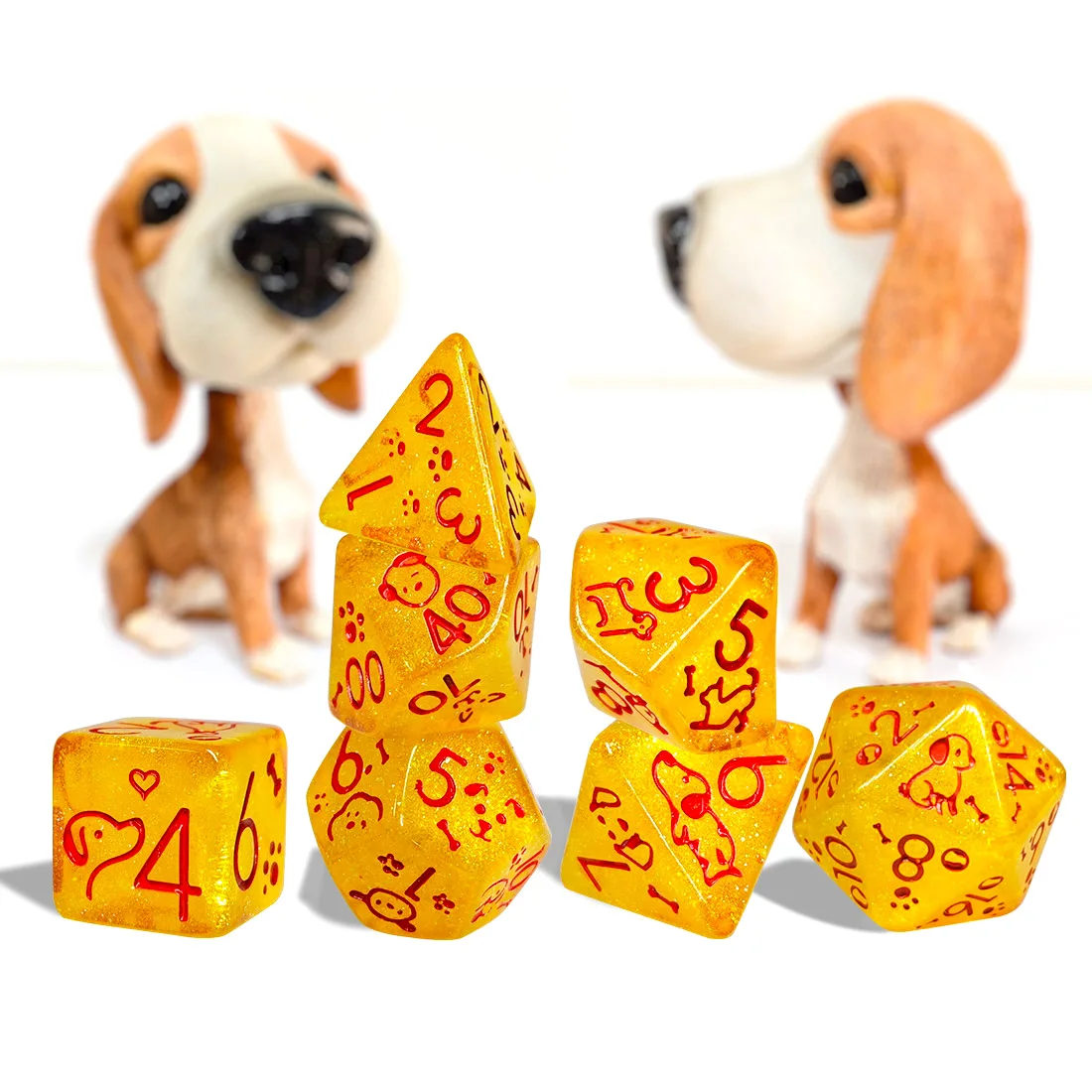 7Pcs Yellow Acrylic Pet Cat Dog Paw Polyhedral Dice Set with Red Numbers for Polyhedral Dice Set DND RPG MTG TTRPG Games