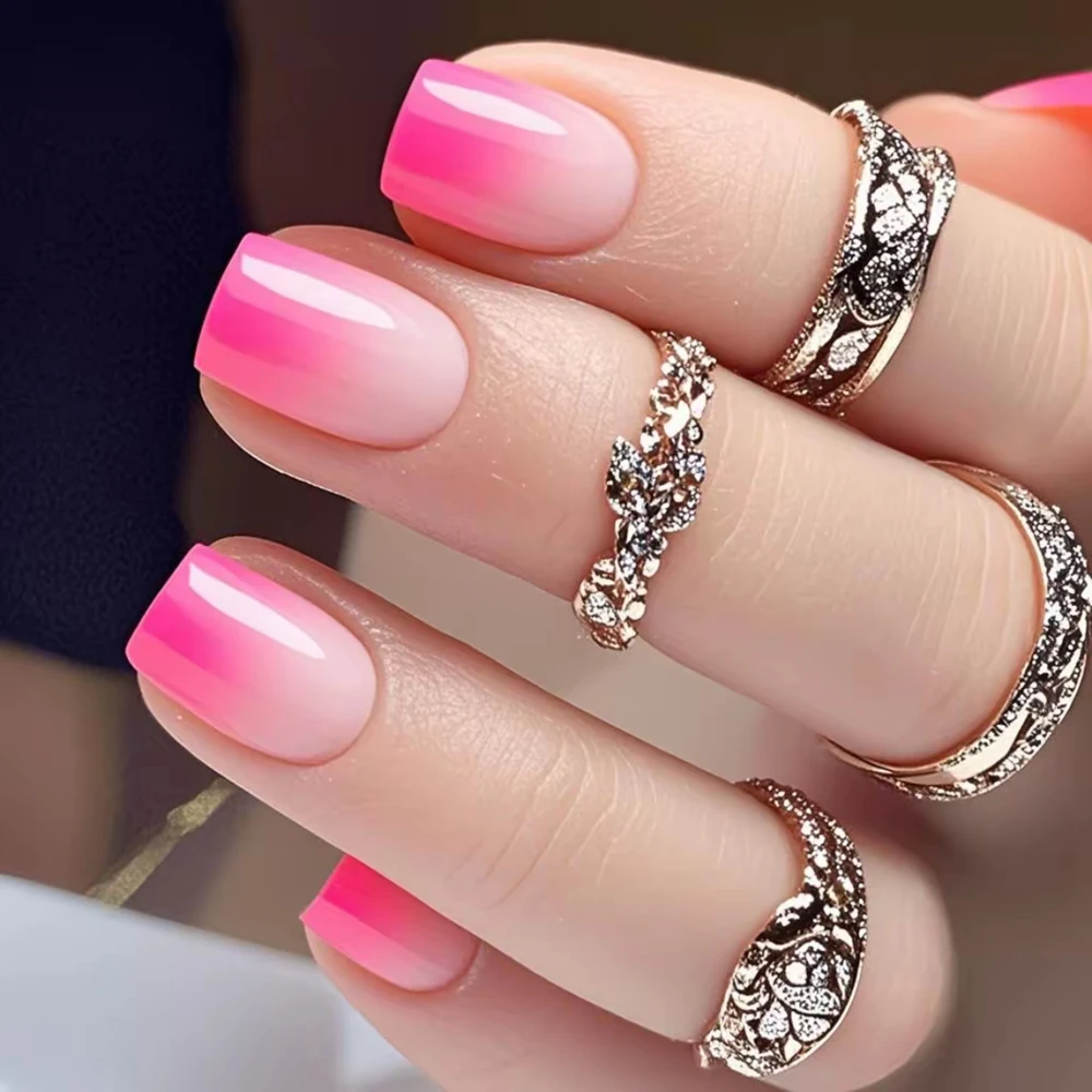 

Gradient Pink Press On Nails For Woman French Tips Short Fake Nail Press Ons With Glue Sticker DIY Finger Manicure Accessory
