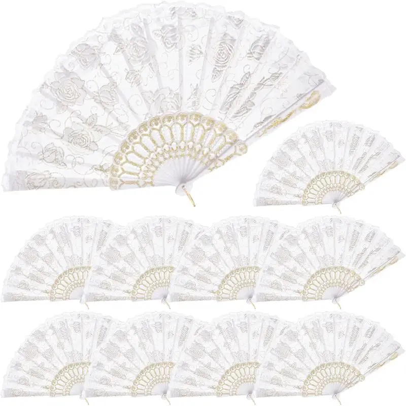8pcs Rose Lace Folding Hand Fans, Silk Vintage Foldable Fans for Wedding Party Dancing Performance Decor