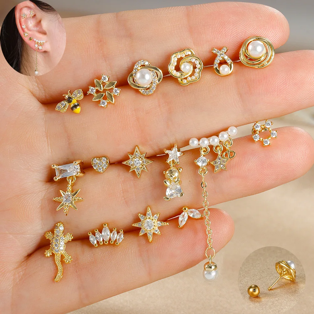 Fashion Stainless Steel Zircon Cartilage Piercing Stud Earring For Women Helix Tragus Pearl Moon Star Earring Body Jewelry 1pc