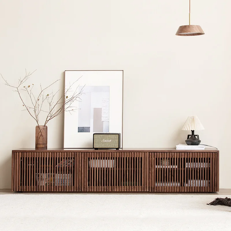 

Nordic TV black walnut all solid wood modern simple small apartment living room grille creative floor cabinet storage cabinet