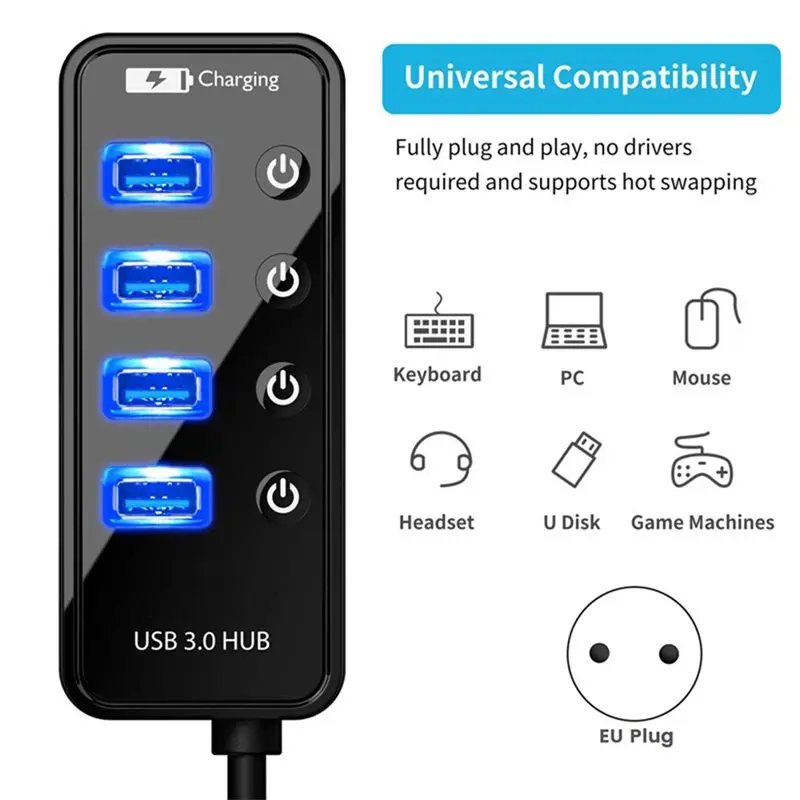 A23F-USB HUB 4 Port 3.0 Smart Phone Multi Accessories With Power Adapter For Computer PC Notebook Laptop EU Plug