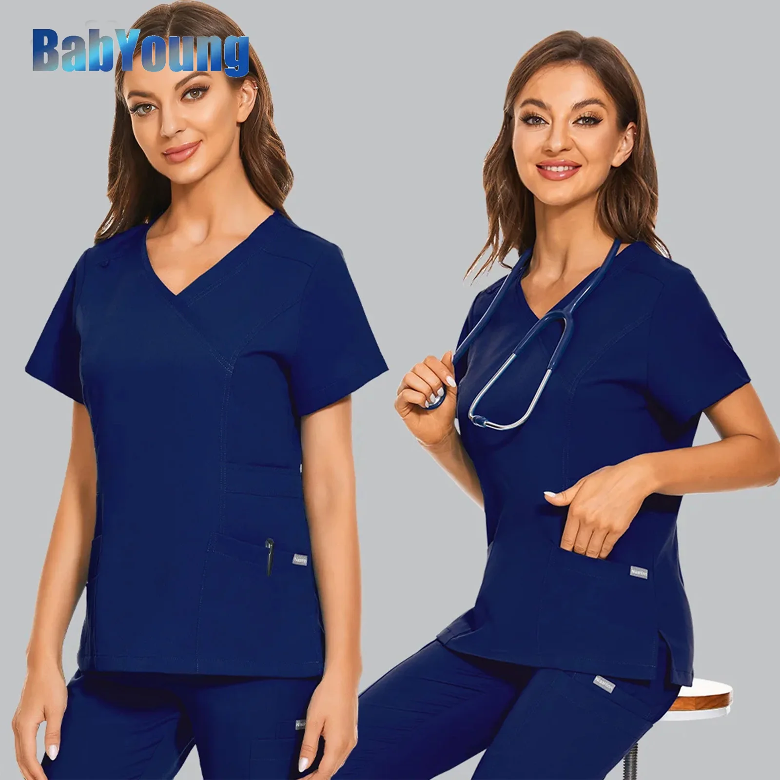 

2XL Scrubs Medical Uniforms Women Nursing Tops Lab Clothes Special V-Neck Many Pockets Jackets Nurse Blouse Care Workers T-Shirt