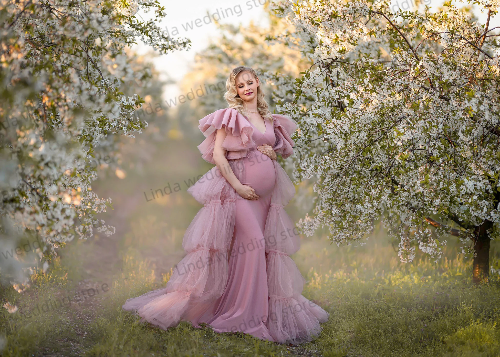 V Neck Maternity Gowns for Photo Shoot Dusty Pink Sleeveless Gala  Robes Tiered Ruched Babyshower Gowns for Women Dressing