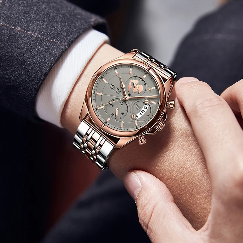 ABBYLUN 989 Men Quartz Watch Fashion Creative Outdoor Silvery Gold Steel Strap Pointer Date Display Wrist Watches for Male Gift