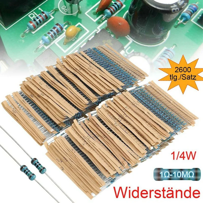 2600Pcs 130 Values Resistors Assortment Kit 1 Ohm- Ohm 0.25W 1/4W Metal Film Resistor Kit for Electronic Circuit DIY-A73M