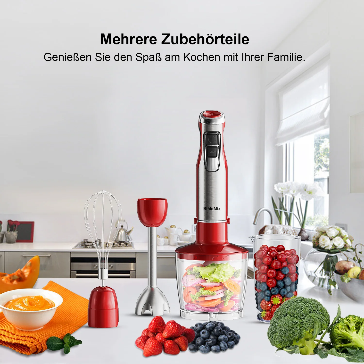 BioloMix Roter 1200 W 4-in-1-Stabmixer mit Zerkleinerer und Smoothie-Becher, Edelstahl-Tauchmixer für Babynahrung und Eiszerkleinerung – Detail 3
