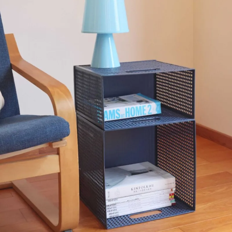 MOMO Bedside Table Simple Modern Side Table Combination Storage Basket Shelf Bedroom Blue Metal Hole Plate